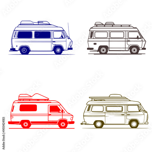 Minimalist black and white line logo of a classic camper van with roof rack, wheels, and subtle pastel shading on a white background, perfect for travel, camping, or outdoor adventure branding.