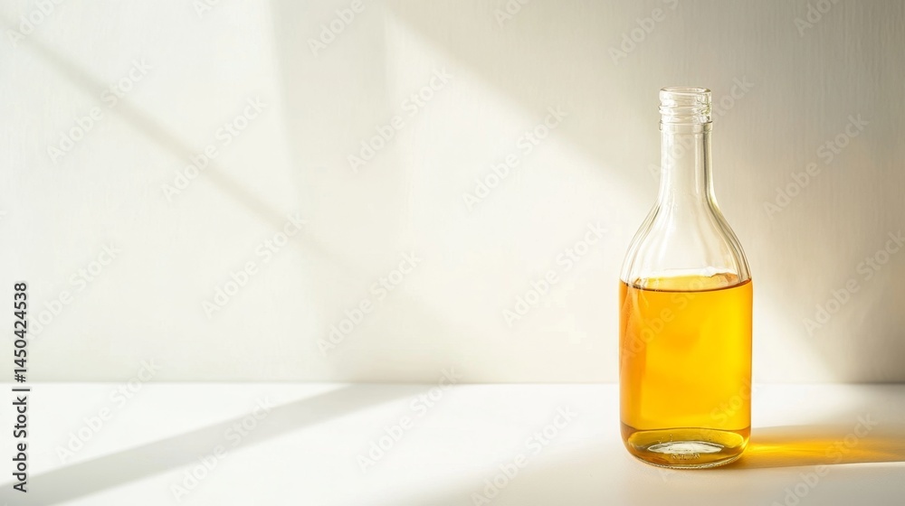 Sleek glass bottle with golden liquid placed on white surface, symbolizing weight loss medication, health supplement or detox drink concept. Minimalist and modern packaging design for wellness product Sleek glass bottle with golden liquid placed on white surface, symbolizing weight loss medication, health supplement or detox drink concept. Minimalist and modern packaging design for wellness product