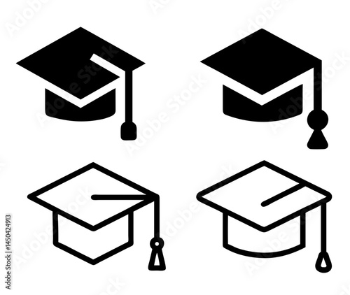 Vector graduation cap icons set with tassels, black silhouette academic hats on transparent background

