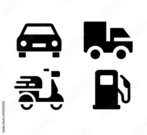 Set of black vector icons including car, truck, scooter, and fuel pump on transparent background
