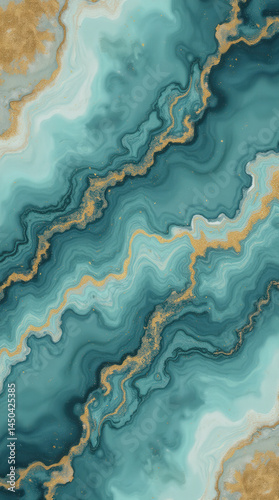 This artwork features beautiful emerald and turquoise colors blended seamlessly with striking golden veins throughout. It captures a dynamic flow and depth, making it an eye-catching piece