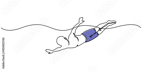 Single continuous line drawing of young happy professional swimmer man focus training in gym swimming pool center, One continuous line drawing of Marathon Swimming sports vector illustration. minimal.