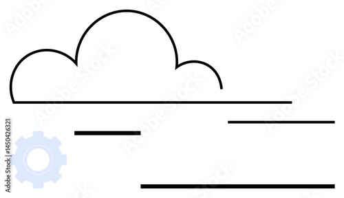 Outline of a cloud above horizontal lines with a gear representing connectivity, storage, or technology. Ideal for technology, IT systems, cloud computing, networking, innovation, data management