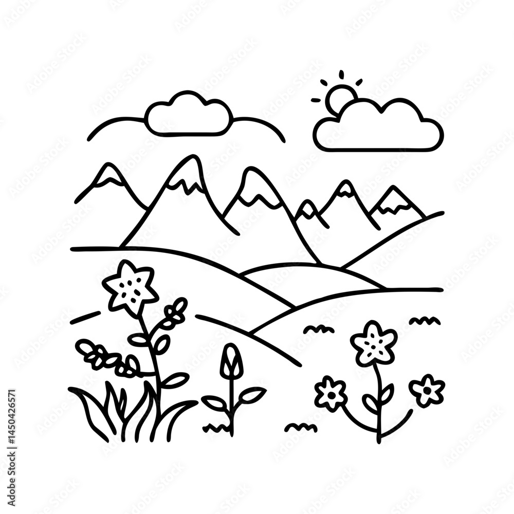 Fototapeta premium alpine meadow icon, alpine meadow line art - simple line art of alpine meadow, perfect for alpine meadow logos and icons