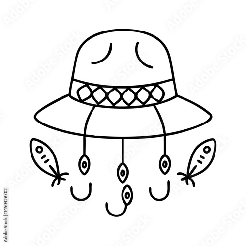 angler s hat with lures icon, angler s hat with lures line art - simple line art of angler s hat with lures, perfect for angler s hat with lures logos and icons