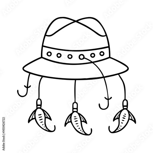 angler s hat with lures icon, angler s hat with lures line art - simple line art of angler s hat with lures, perfect for angler s hat with lures logos and icons