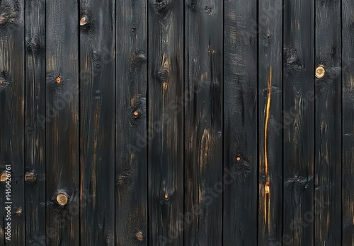 Realistic photography of vertically arranged dark wooden boards with natural textures, knots and wear marks