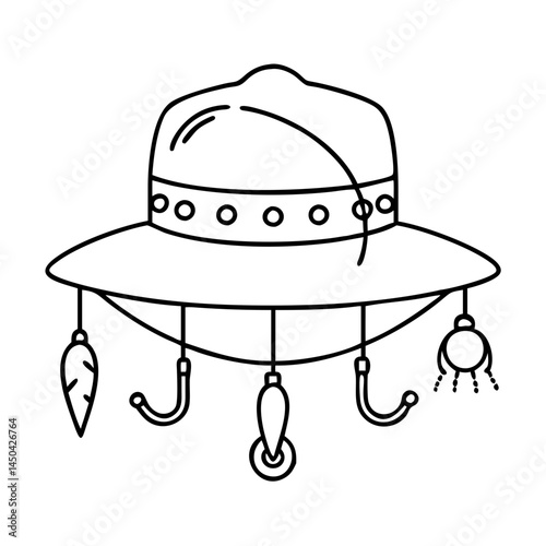 angler s hat with lures icon, angler s hat with lures line art - simple line art of angler s hat with lures, perfect for angler s hat with lures logos and icons