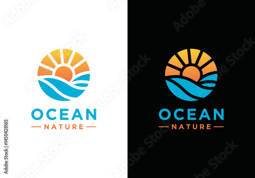 Ocean wave vector logo design. Simple ocean logo vector with sunrise or sunset combination	