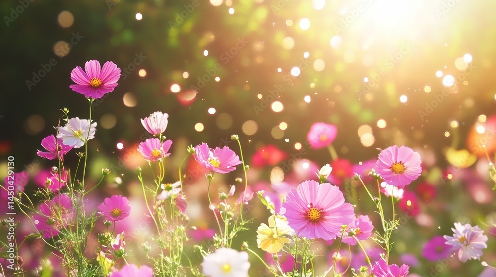 Fototapeta premium Vibrant cosmos flowers in sunny field soft focus bokeh