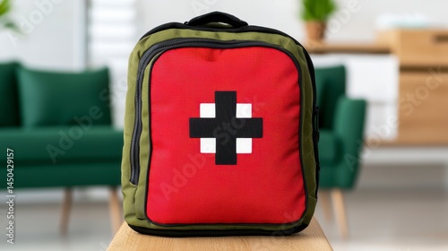 Red and Green First Aid Backpack on Wooden Surface