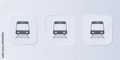 Grey Train and railway icon isolated on grey background. Public transportation symbol. Subway train transport. Metro underground. Set icons in square buttons. Vector