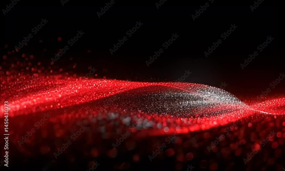 Abstract Red Particle Wave Against Black Background with Dynamic Light and Bokeh Effect