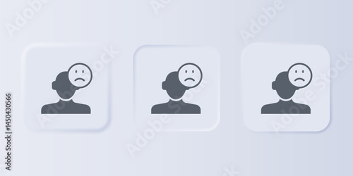 Grey Sad and depressed man, bad mood icon isolated on grey background. Set icons in square buttons. Vector