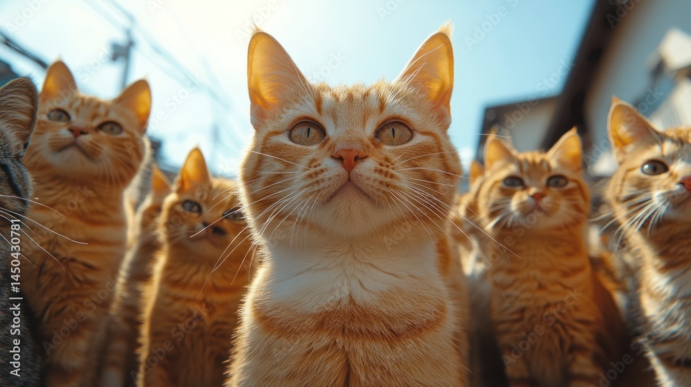 Group of orange tabby cats looking up towards the sky outdoors. Group of orange tabby cats looking up towards the sky outdoors.