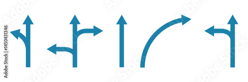 Way direction arrow sign icon set. three arrow, way sign, road direction icon vector. three-way direction arrow sign. Way pointer symbol. Turn arrow navigation sign. 