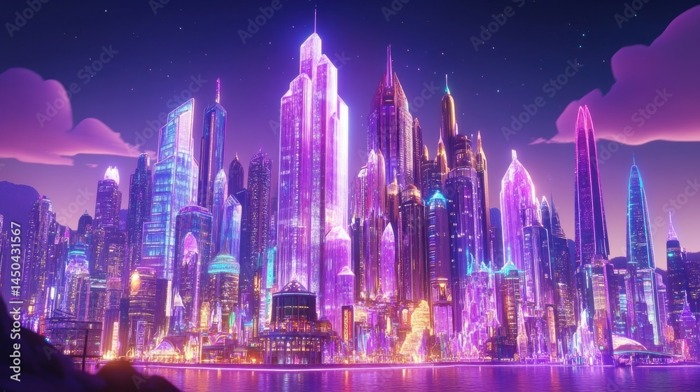 Obraz premium Vibrant, neon-lit city skyline at night