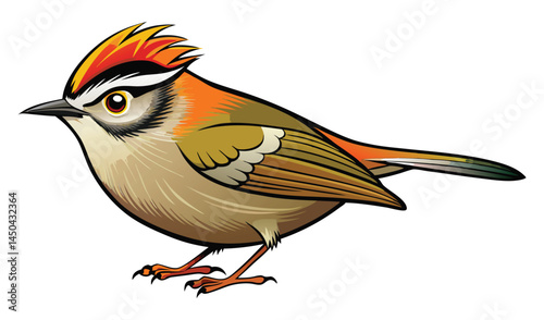Exotic red and yellow bird of paradise, a wild animal with a prominent beak and vibrant feathers, isolated on white
