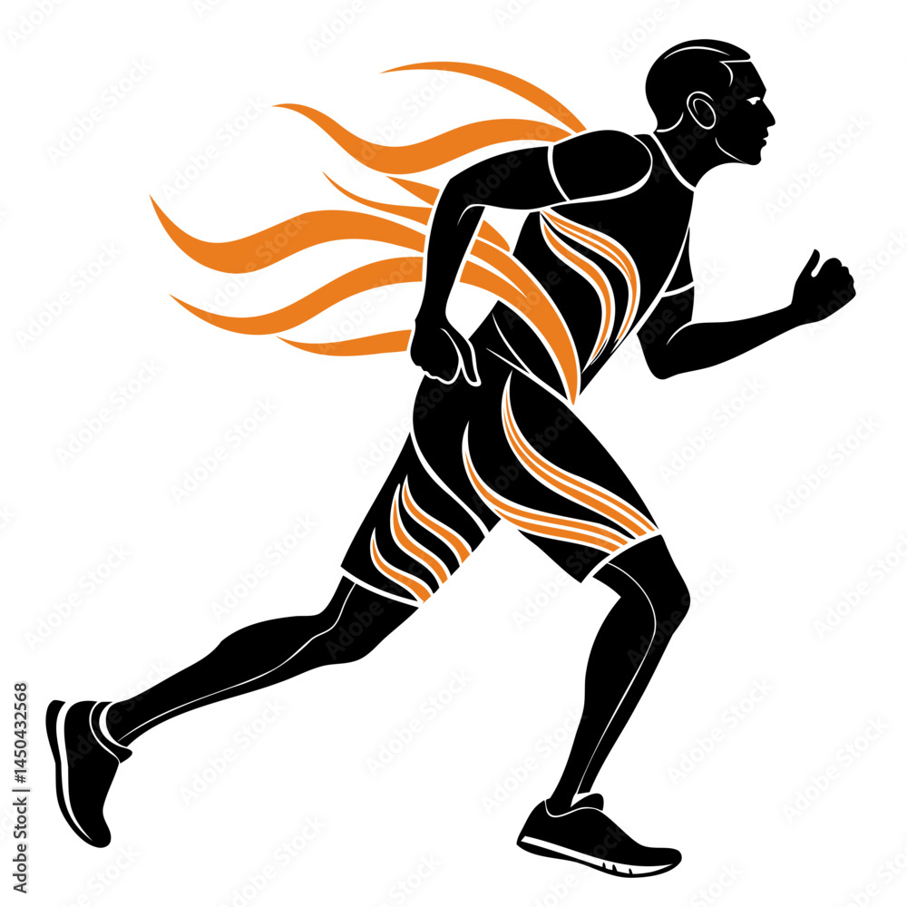 Fototapeta premium Running man athlete with fire vector illustration for sports fitness and competition performance design element isolated on transparent background