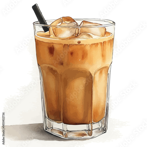Glass Of Iced Coffee With Ice Cubes, watercolor vector, isolated on a white background.