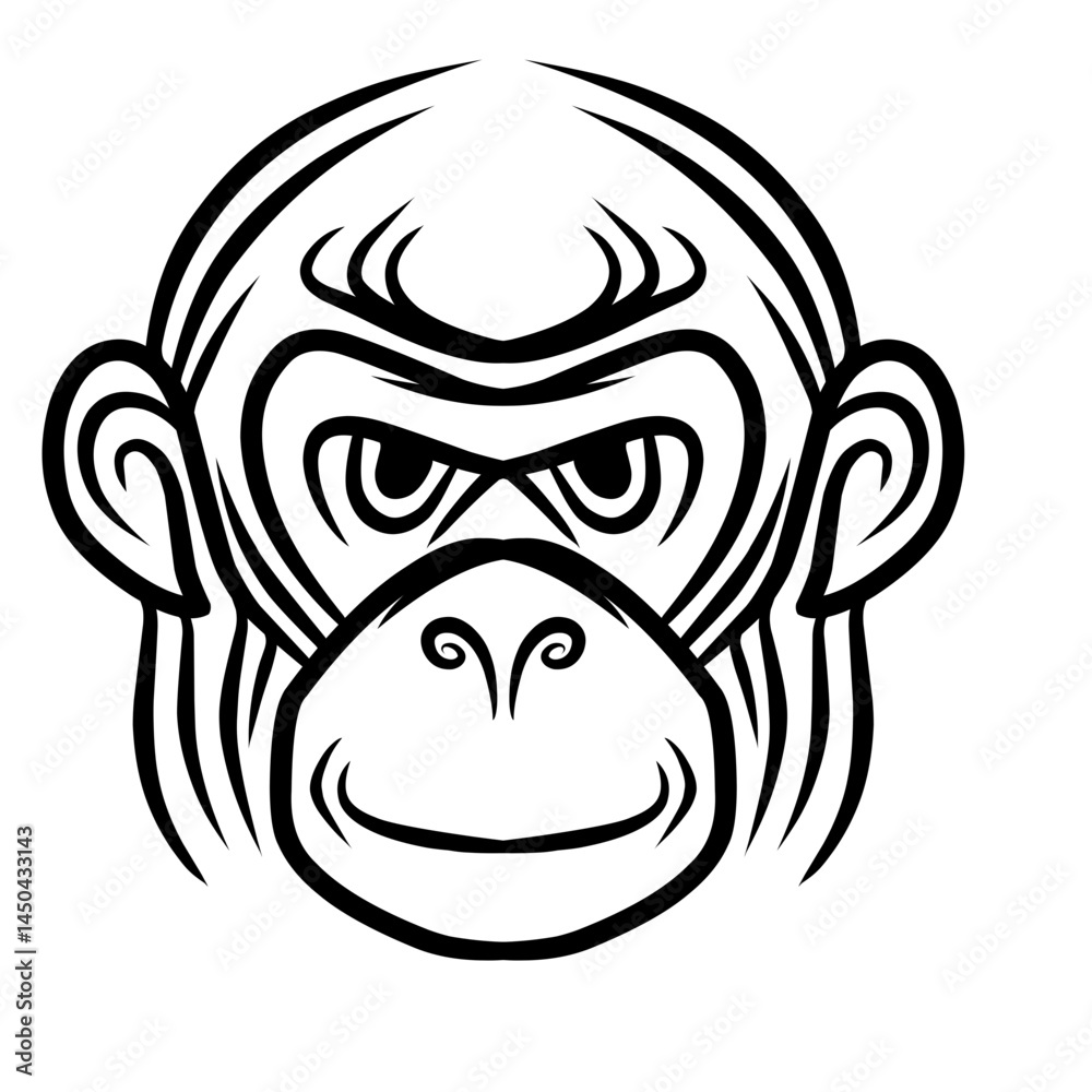 Stylized illustration of an angry monkey face with exaggerated features and bold lines Stylized illustration of an angry monkey face with exaggerated features and bold lines