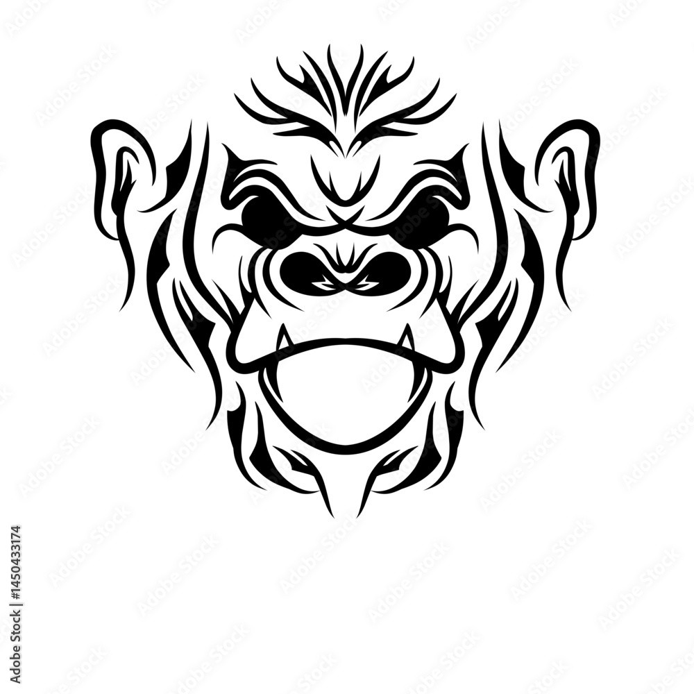 Obraz premium Tribal gorilla face design in black and white, showcasing intricate patterns and fierce expression