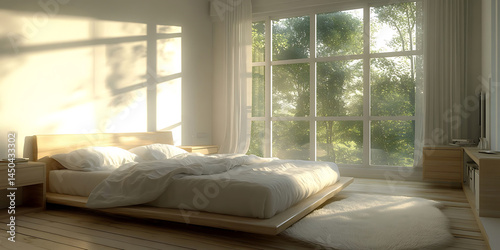 A stylish bedroom in warm colours. A king-size bed, flowers, a floor lamp, air and light. A cute, cosy home. A mockup space on the wall.