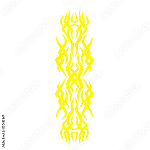 Abstract yellow tribal design featuring intricate patterns and flowing shapes on a white background