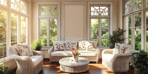 Cozy Sunroom Retreat with Cream Wicker Furniture, Floral Cushions, and Rattan Wall Decor for a Relaxing Atmosphere. A cute, cosy home. A mockup frame on the wall.