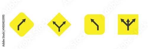 Set curve turn right left forward backward go yellow degree loop road traffic warning sign icon. exclamation, hazard sign symbol logo design for web mobile isolated white background illustration. Eps 