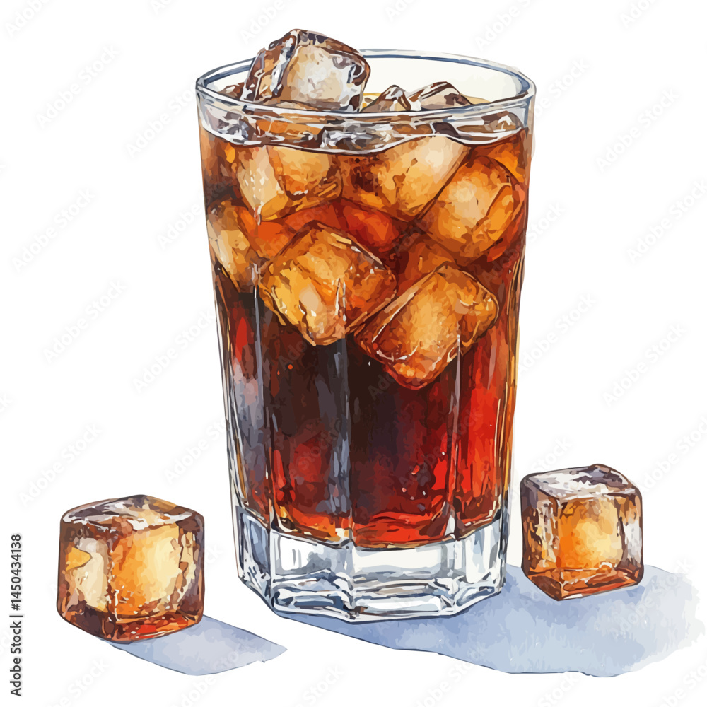 watercolor of Glass Of Iced Coffee With Ice Cubes, vector, isolated on a white background.