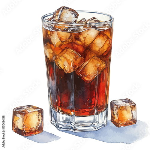 watercolor of Glass Of Iced Coffee With Ice Cubes, vector, isolated on a white background.