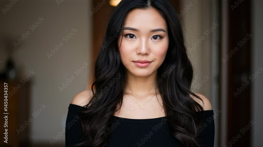 Young woman with serene expression in indoor setting Young woman with serene expression in indoor setting