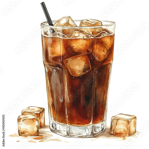 Glass Of Iced Coffee With Ice Cubes, vector watercolor illustration, isolated on a white background.