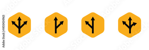 Set curve turn right left forward backward go yellow degree loop road traffic warning sign icon. exclamation, hazard sign symbol logo design for web mobile isolated white background illustration. Eps 
