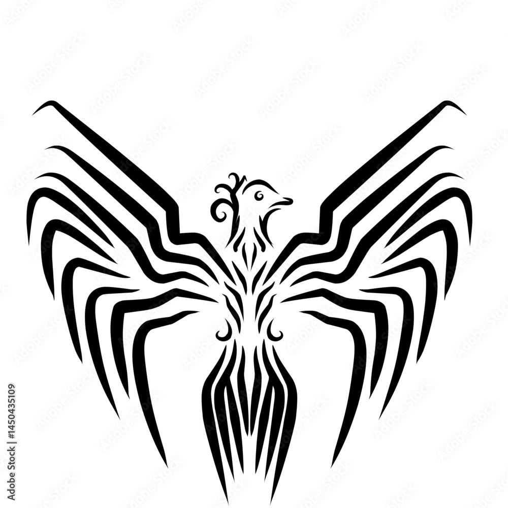 Obraz premium Stylized black and white illustration of a phoenix with intricate wing patterns soaring upward