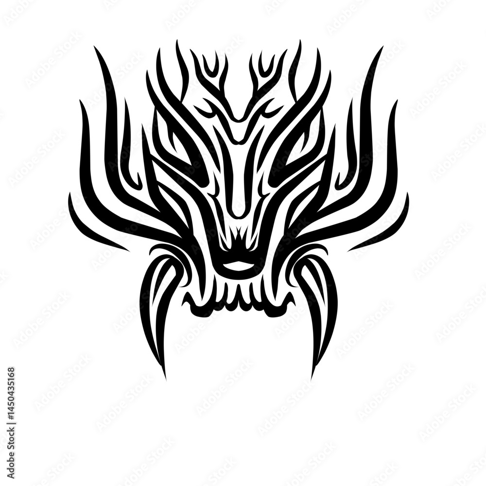 Intricate black tribal dragon design with sharp lines and stylized features on a white background Intricate black tribal dragon design with sharp lines and stylized features on a white background