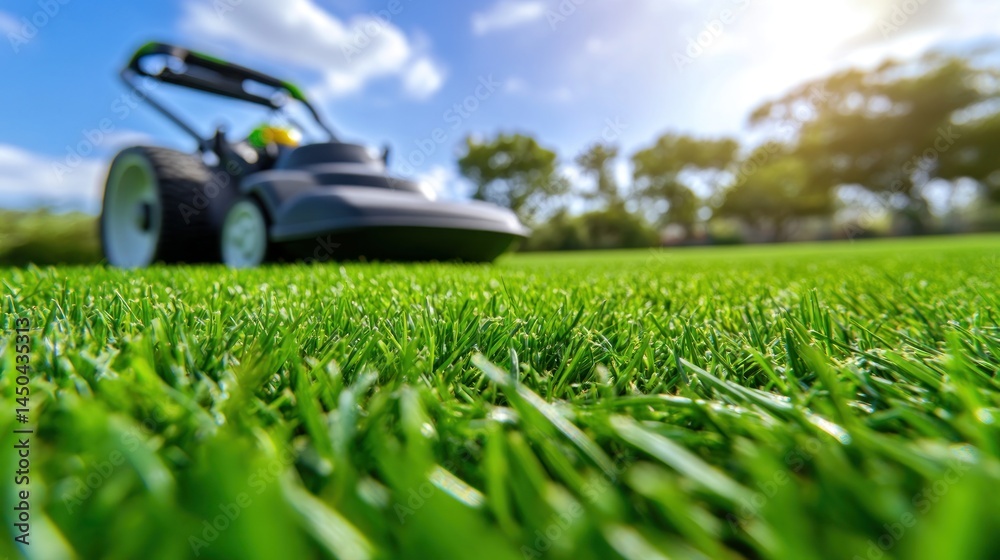Green grass close up with lawnmower and sunny sky Green grass close up with lawnmower and sunny sky