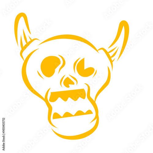 Vibrant yellow skull illustration with exaggerated features and playful horns on a white background