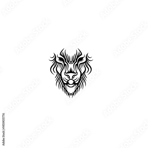 Stylized lion head illustration with intricate line art, set against a minimalistic white background