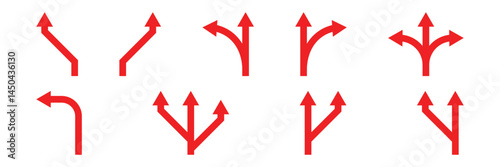 Road traffic direction arrows flat set. You-turn, left, right, two way, three way transportation direction arrow symbol.