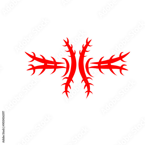Abstract red design featuring intricate, branching shapes on a clean white background