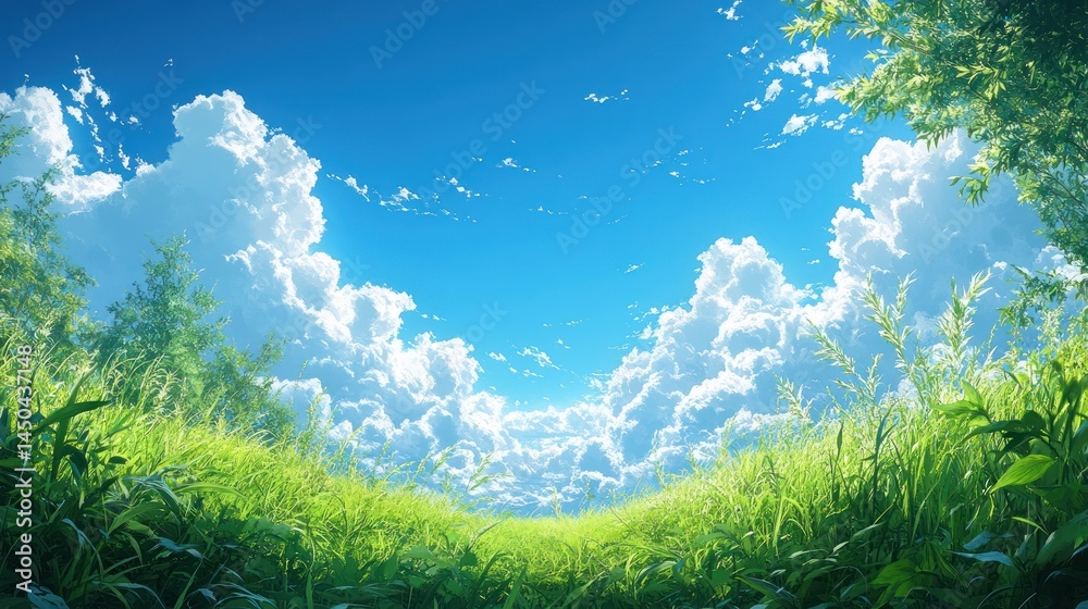 Green meadow with tall grass and fluffy clouds against a blue sky. Green meadow with tall grass and fluffy clouds against a blue sky.