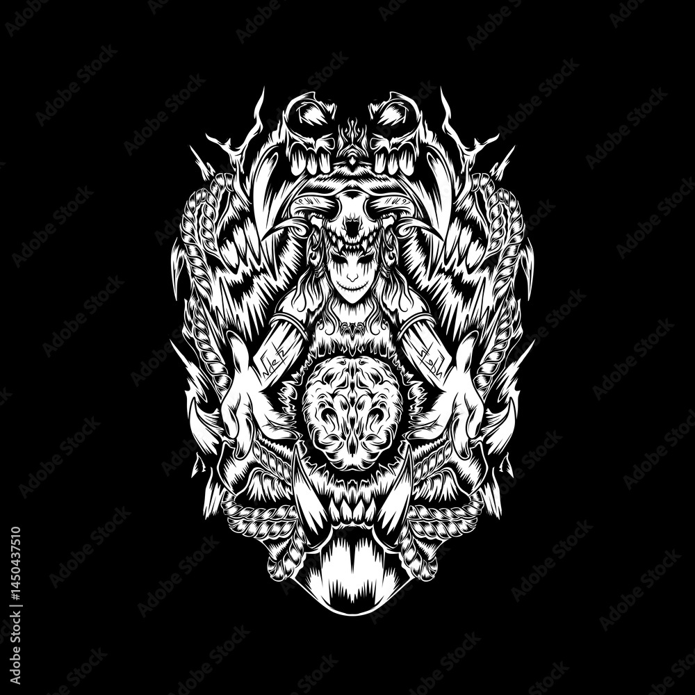 Obraz premium Intricate black and white illustration of a mythical creature surrounded by detailed organic patterns