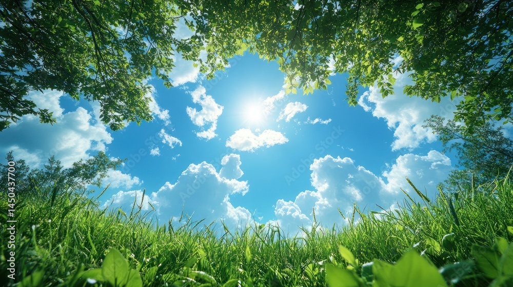 Green grass and leaves frame a bright blue sky with sun and clouds. Green grass and leaves frame a bright blue sky with sun and clouds.