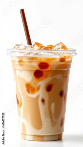 Iced latte or coffee in plastic to go or takeaway cup mock up isolated on white background. Including clipping path.