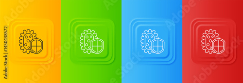 White Shield protecting from virus, germs and bacteria icon isolated on colorful background. Immune system concept. Corona virus 2019-nCoV. Set icons in square buttons. Vector