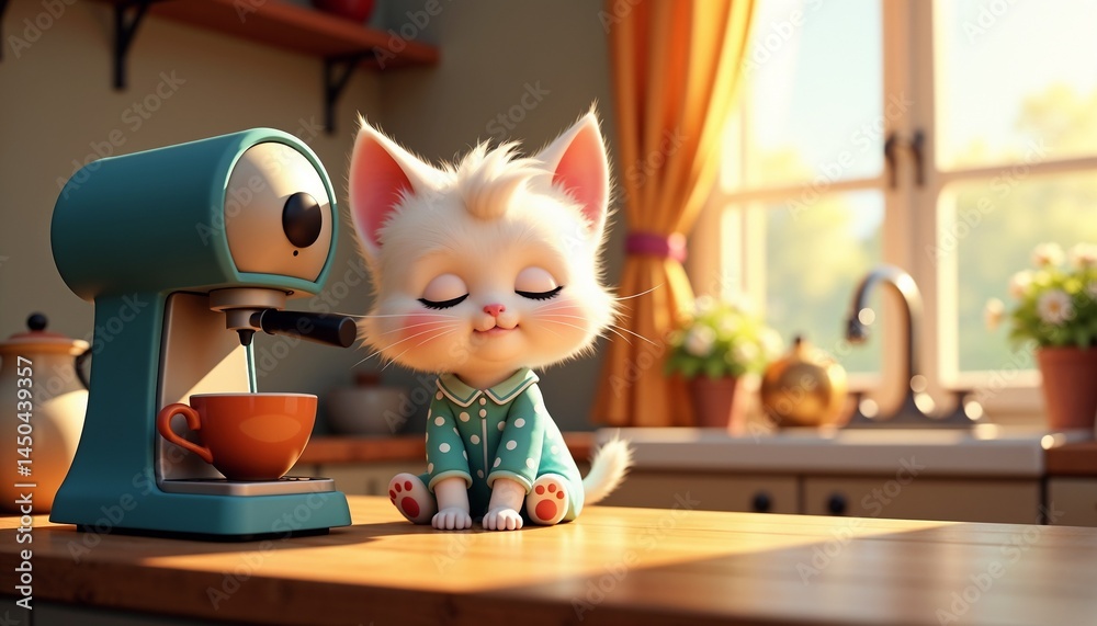Cute cat enjoying coffee in a cozy kitchen setting