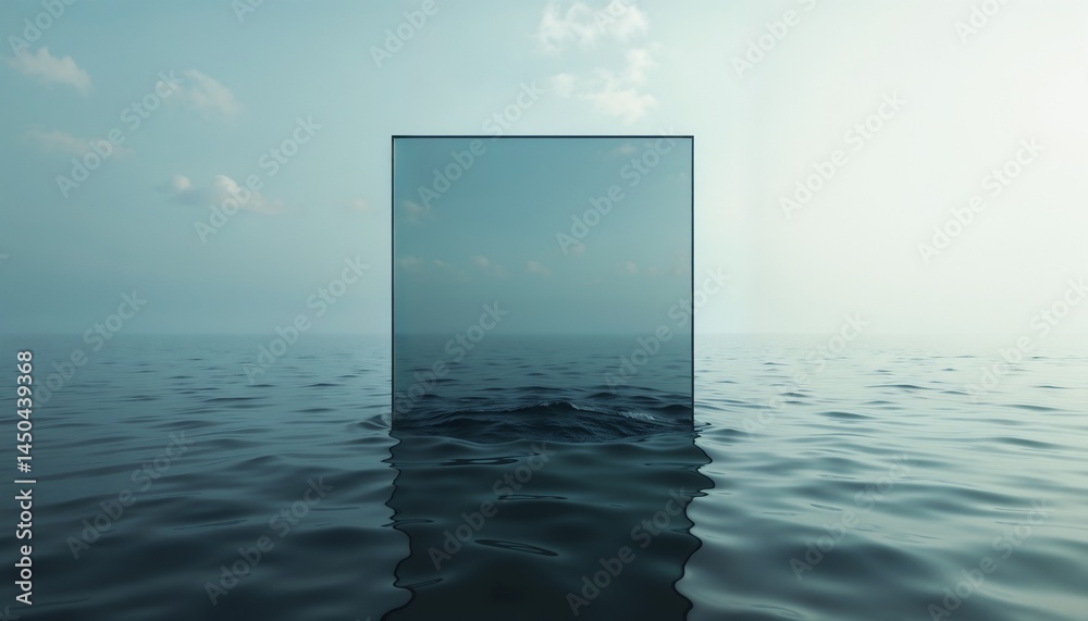 Abstract glass cube reflecting water in a serene ocean background