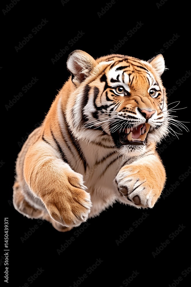 Fototapeta premium A snarling tiger leaps forward, orange fur and black stripes visible against a black background. Its claws are extended